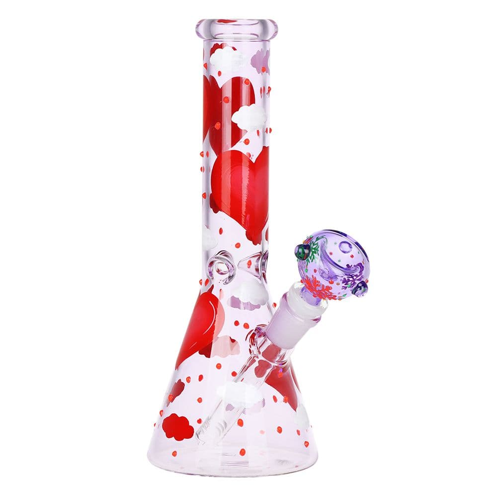 Pinky Hearts Beaker Glass Water Pipe - 10" / 14mm F