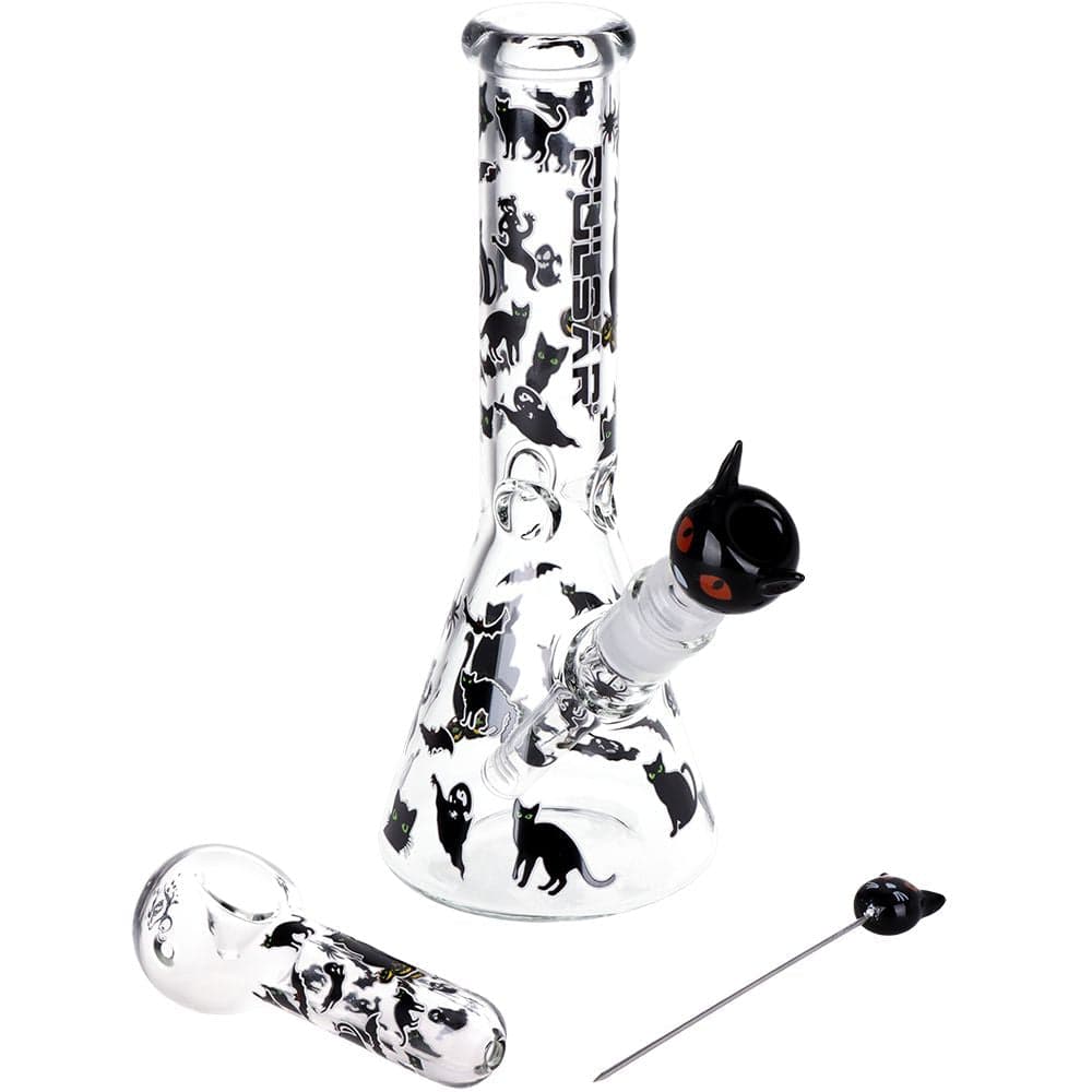 Pulsar Superstitious Kitty GLOW Glass Herb Pipe Duo - 9.75" / 14mm F