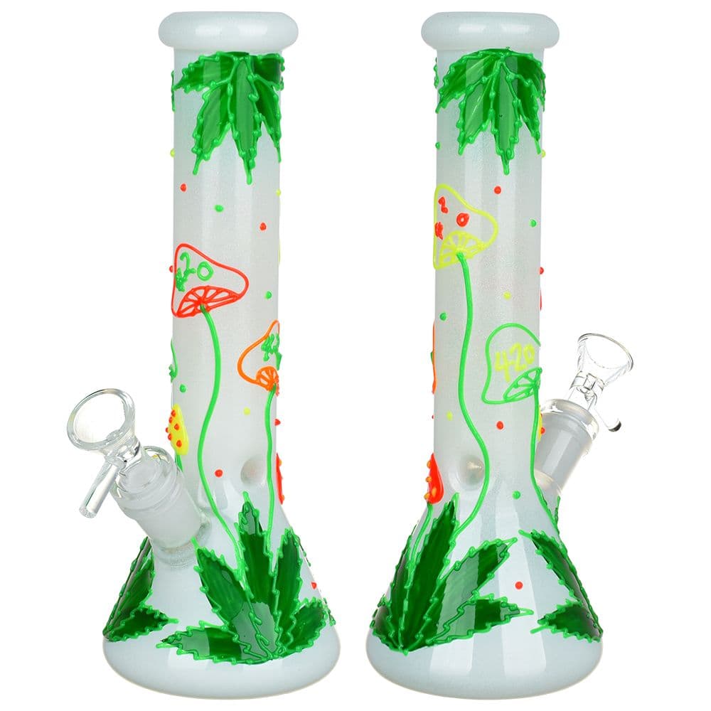 Hemp Leaf and Shrooms Glow In The Dark Glass Water Pipe - 9.5" / 14mm F