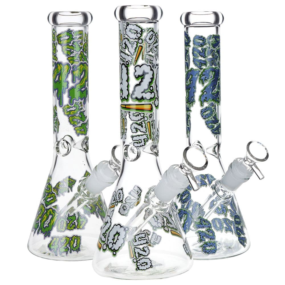 Clouds Glow In The Dark Beaker Glass Water Pipe - 10" / 14mm F / Colors Vary