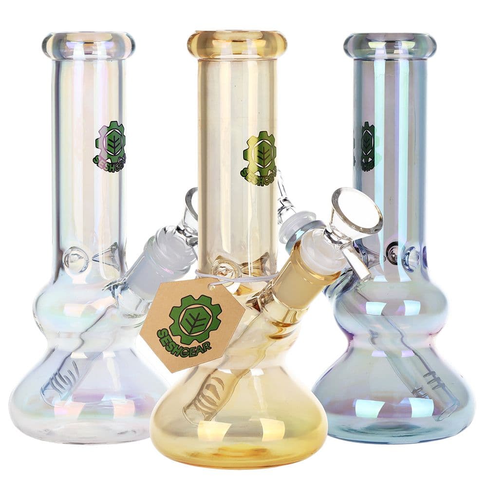 SeshGear Double Bubble Electroplated Glass Water Pipe - 8" / 14mm F / Colors Vary