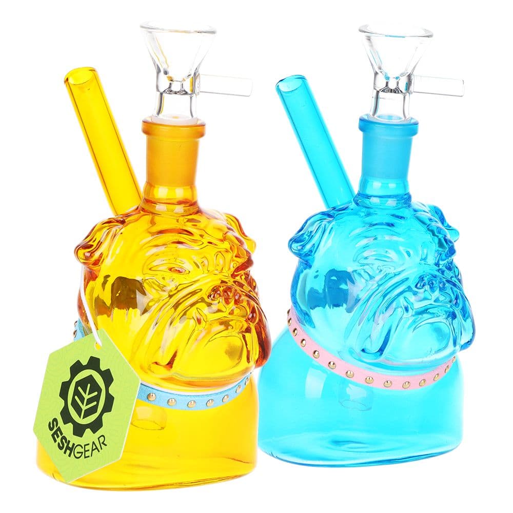 SeshGear English Bulldog Glass Water Pipe - 5" / 14mm F / Blue, Amber 2ct