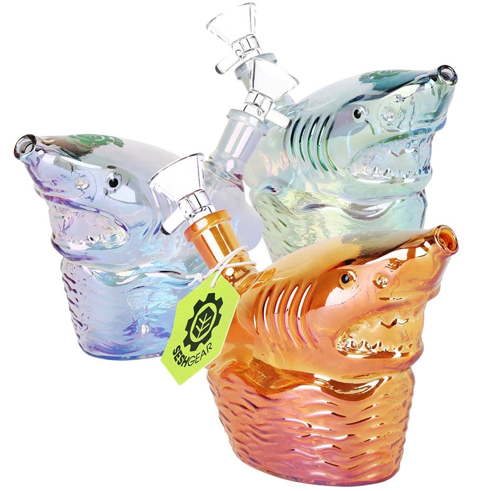 Seshgear Shark Attack Electroplated Glass Water Pipe - 5.5" / 14mm F / Colors Vary
