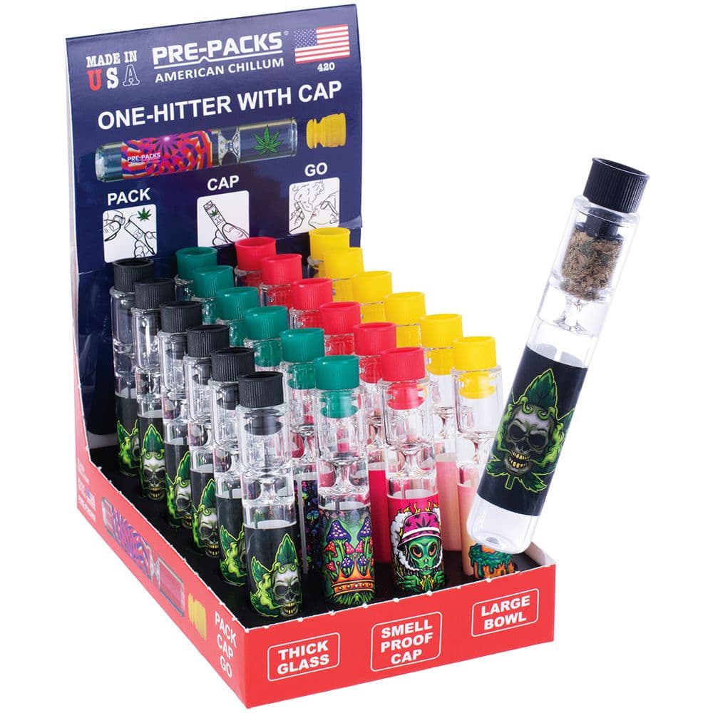 24CT DISPLAY - PRE-PACKS American Chillum One-Hitter with Smellproof Cap - 3.5" / Assorted Designs
